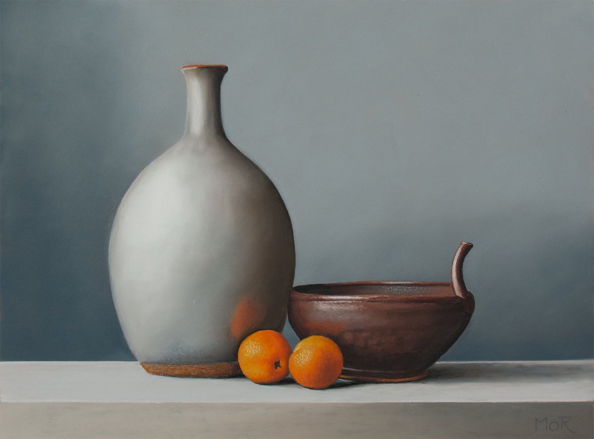 Photorealistic Still Life Pastel Drawing By Dietrich Moravec, 16 X 12, Odd Couple With Tangerines, Original Artwork