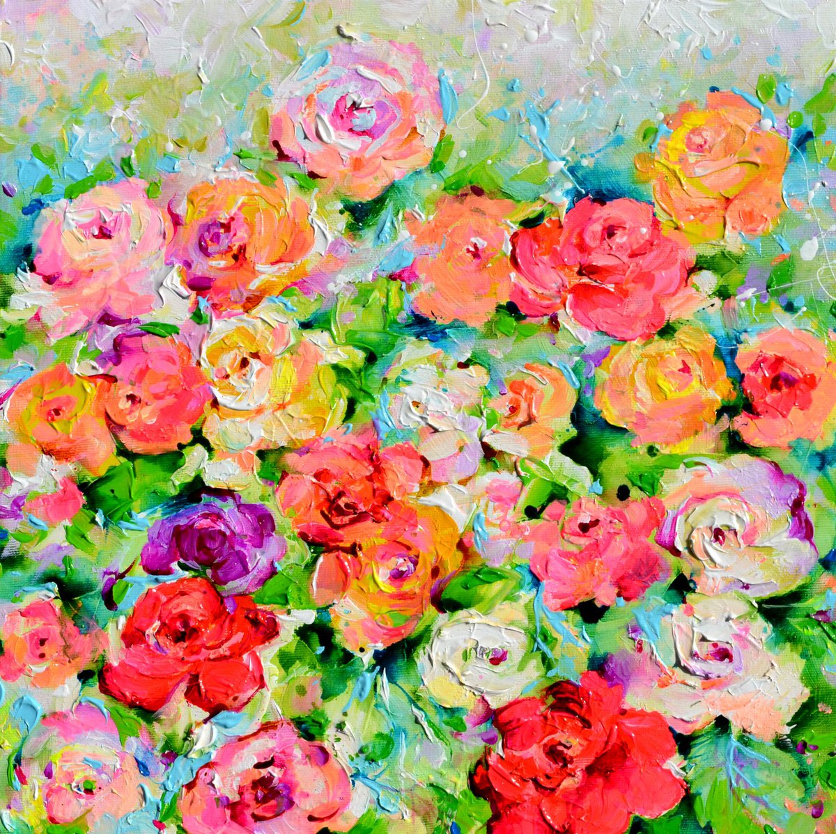 Impressionistic Botanical Acrylic Painting By Soos Roxana Gabriela, 16 X 16", Colorful Rose Field, Original Artwork