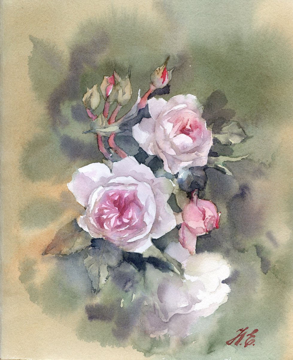 Pink roses on green, Rose garden in watercolor by Yulia Evsyukova