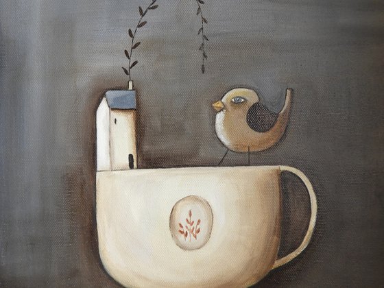 A special cup with a bird