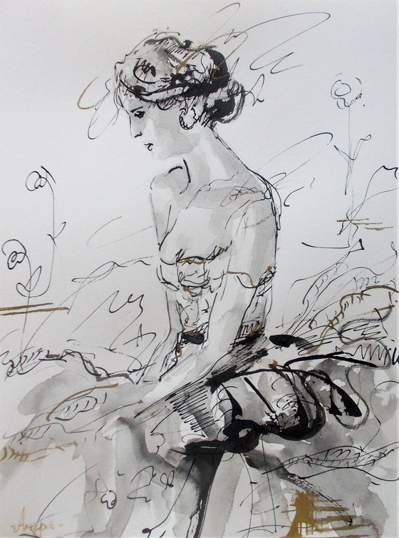 Woman  ink drawing series-Figurative drawing on paper