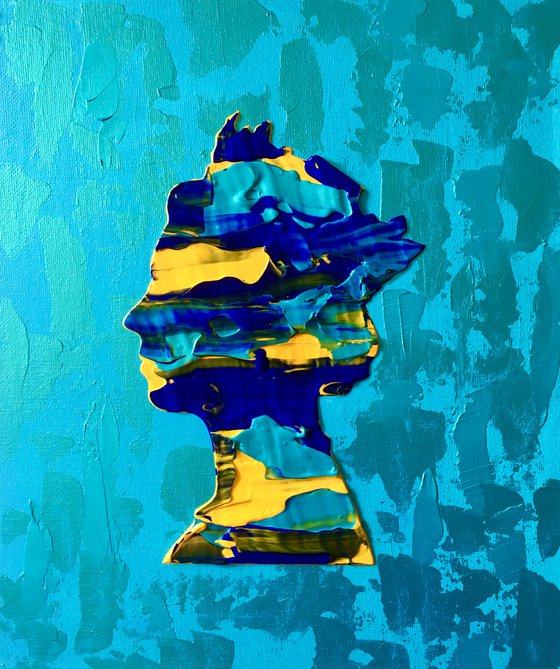 Queen #28 on turquoise metallic background YELLOW ULTRAMARINE inspired by Queen Elizabeth II