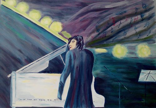 Jazz Painting Music Original Art Pianist Artwork Piano Musician Wall Art 24 by 17" by Halyna Kirichenko by Halyna Kirichenko