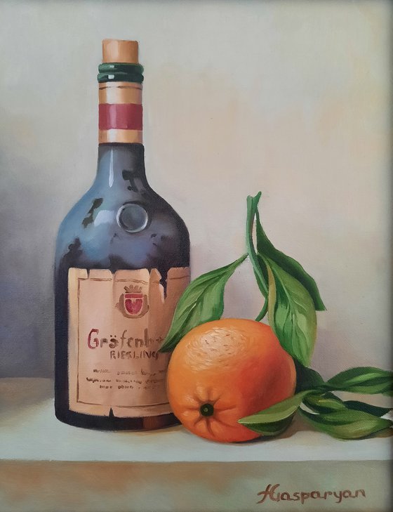 Still life with bottle and orange (24x30cm, oil painting, ready to hang, framed)