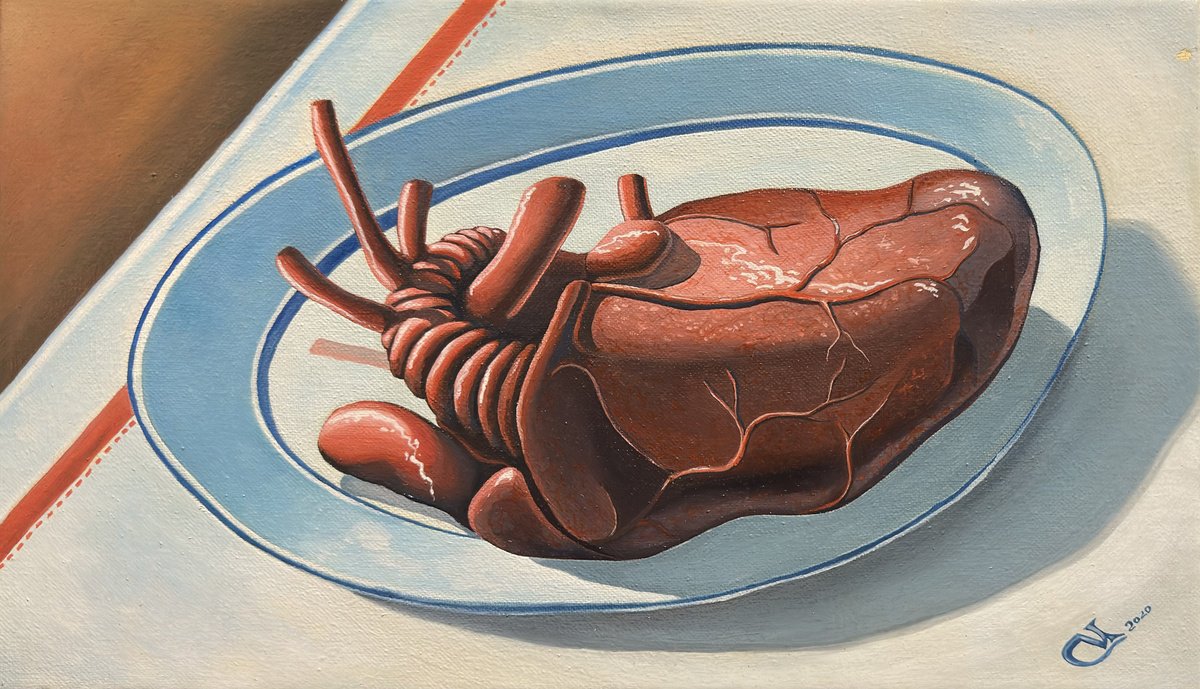 Surrealistic Still Life Oil Painting By Oleg Markov, 16 X 9", Heart On A Plate, Original Artwork