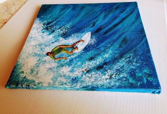 Surfer in the blue sea 4 Acrylic painting by Asha Shenoy | Artfinder