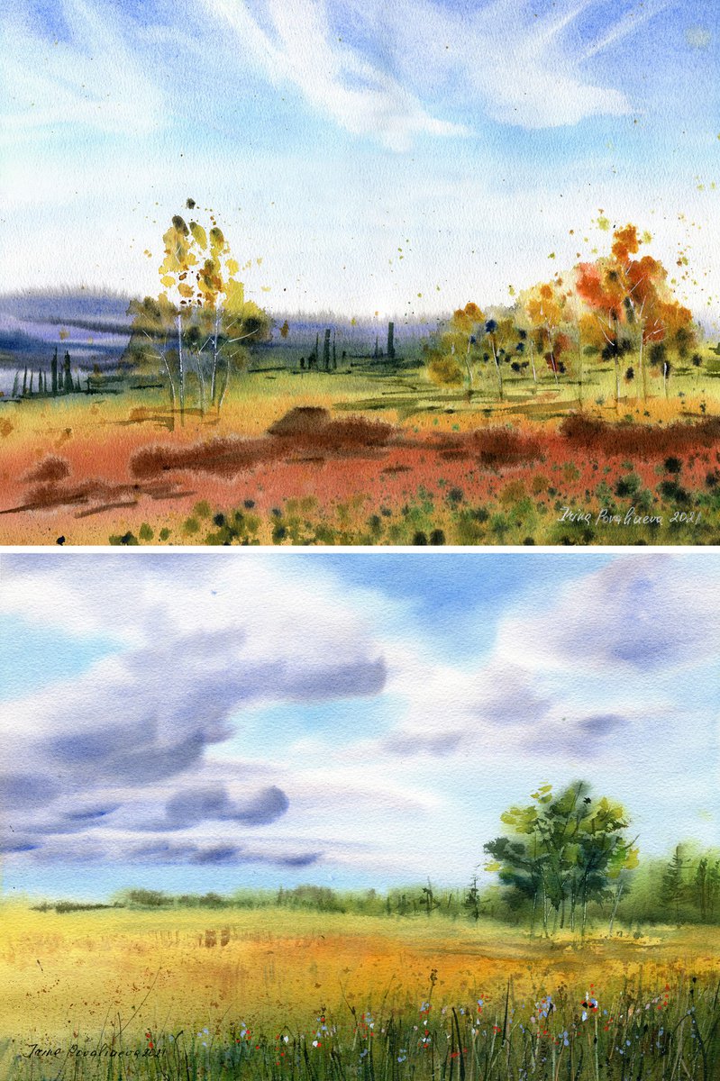 Set of two watercolor landscapes, original watercolor paintings, farmhouse wall art, dec... by Irina Povaliaeva