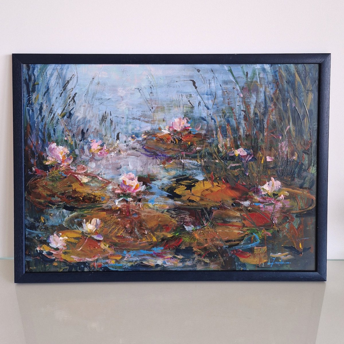 Impressionistic Botanical Acrylic Painting By Irina Laube, 30 X 22, Dance Of The Water Lilies, Original Artwork