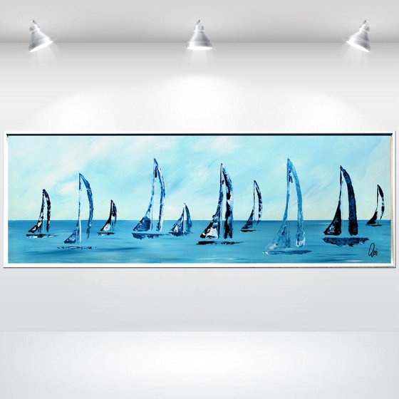 On Water - acrylic abstract painting sailboat painting framed canvas wall art