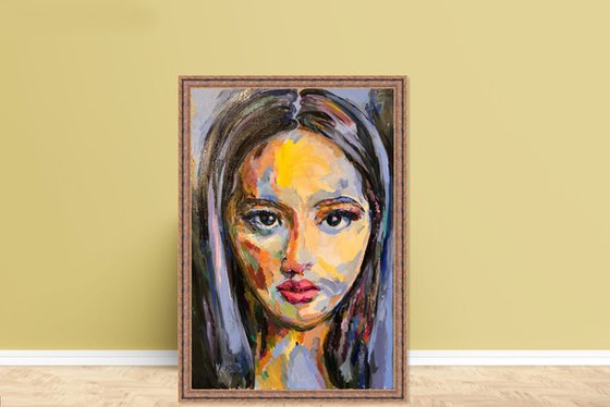 FEMALE PORTRAIT - original oil painting, love feelings sense, blue 100x70