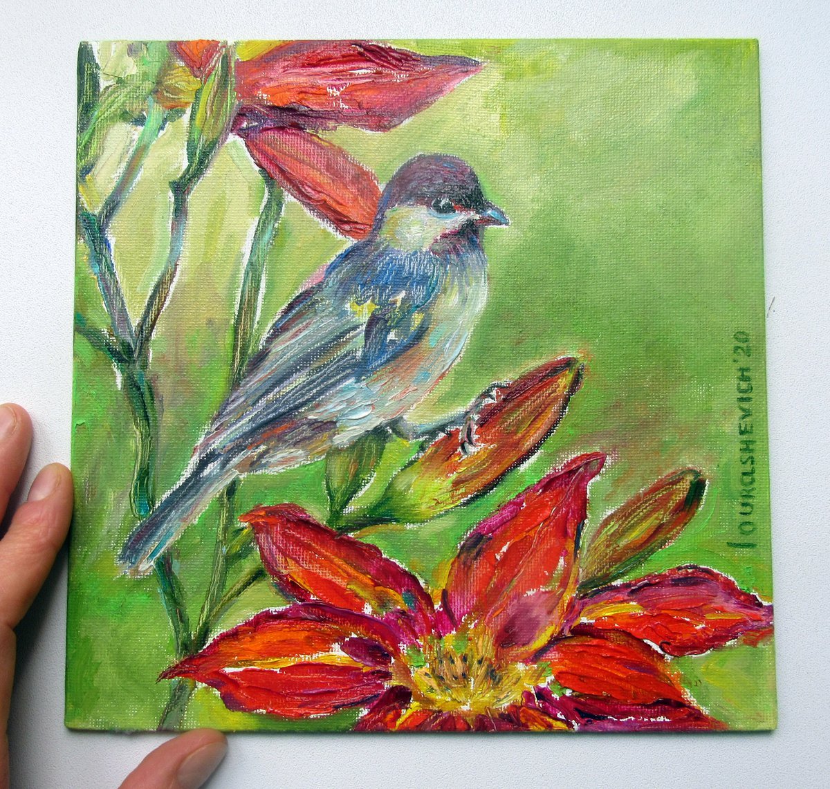 Robin Bird Painting on Canvas,Original 8x8 in Oil,Bird Art,Lily Red Blossom,Garden Miniatu... by Katia Ricci