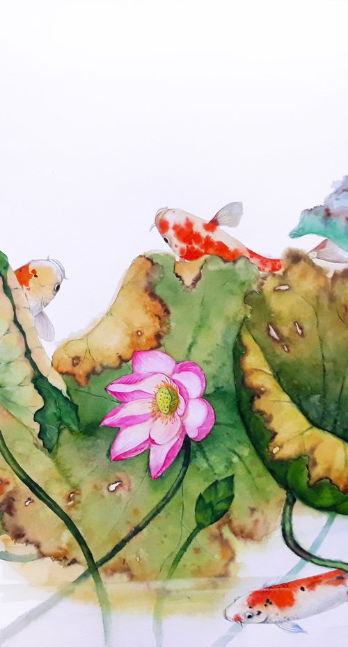 Koi Fish &Lotus Flowers by Olga Beliaeva Watercolour