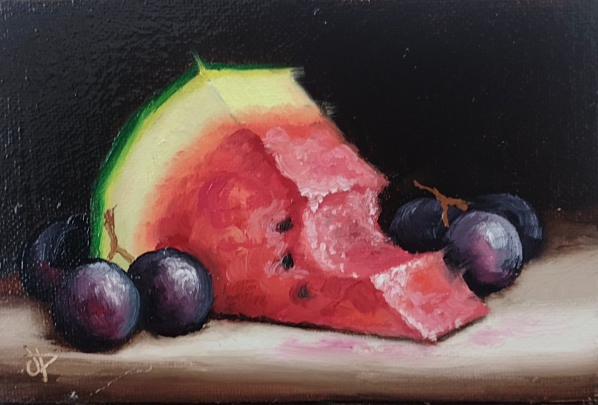 Watermelon and grapes still life by Jane Palmer Art