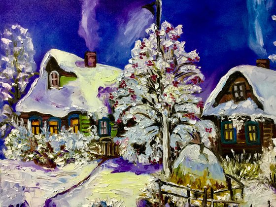 Winter evening, village landscape,  oil painting