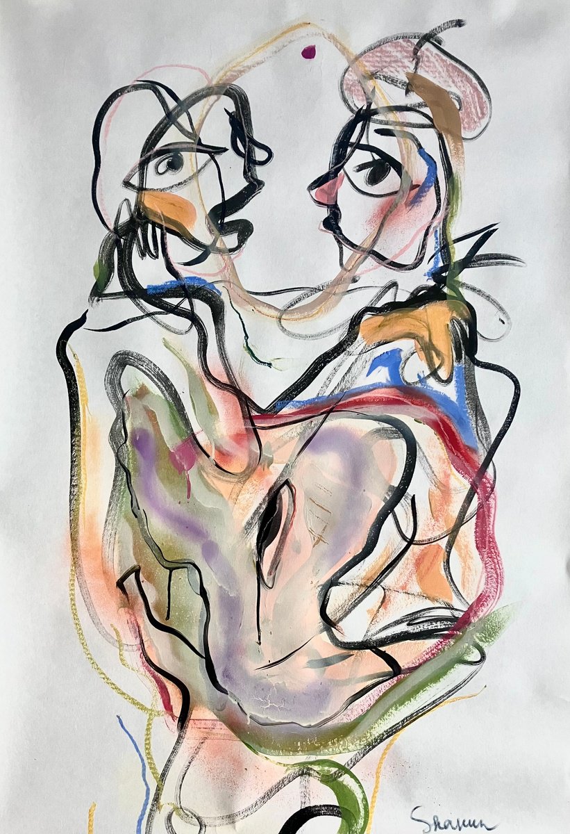 Expressive Portrait Acrylic Painting By Mari Skakun, 30 X 44", French Lovers, Original Artwork