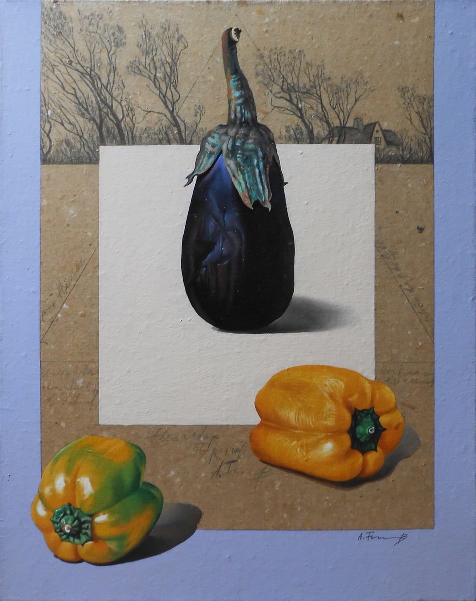 Photorealistic Still Life Oil Painting By Alexander Titorenkov, 16 X 20, Still Life With Eggplant And Peppers, Original Artwork