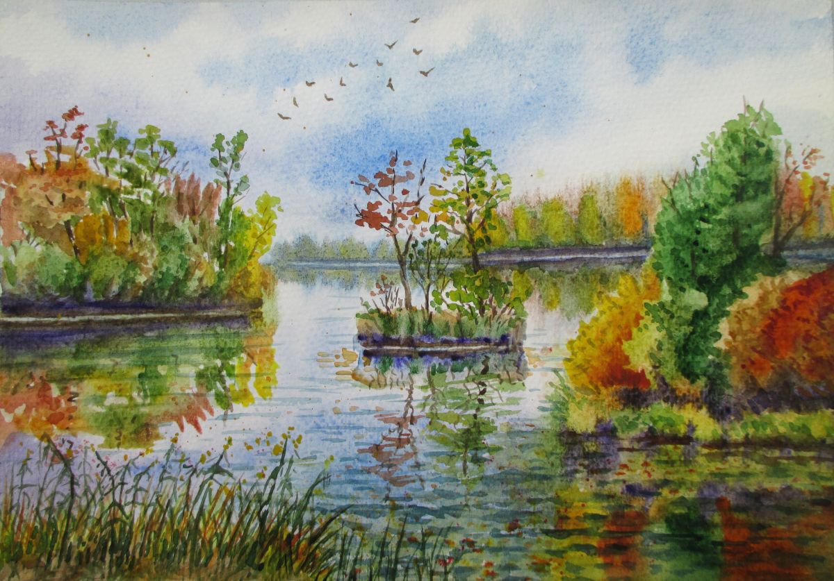 All paints of autumn - watercolor landscape by Julia Gogol