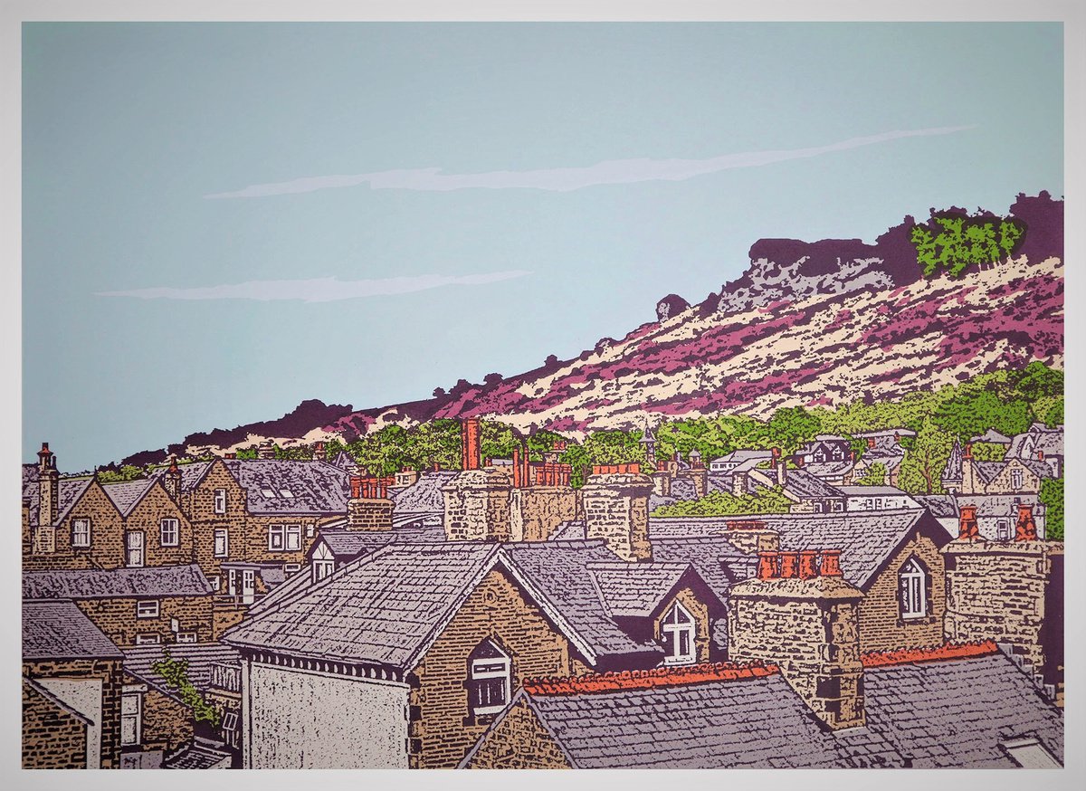 Ilkley rooftops to Cow and Calf - (Plum) by Talia Russell