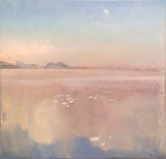 Painting. Landscape with water. Pastel colors. Time of Silence