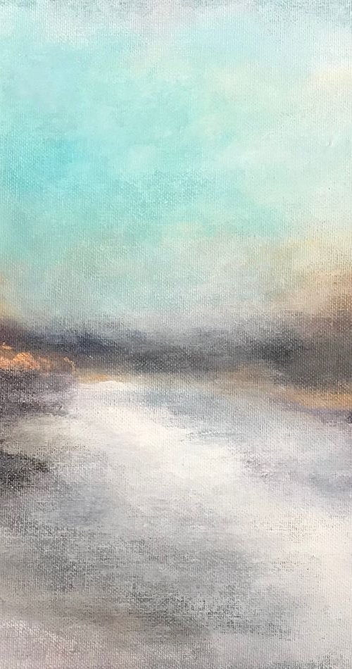Abstract landscape misty winter atmospheric with gold leaf turquoise by Henrieta Angel
