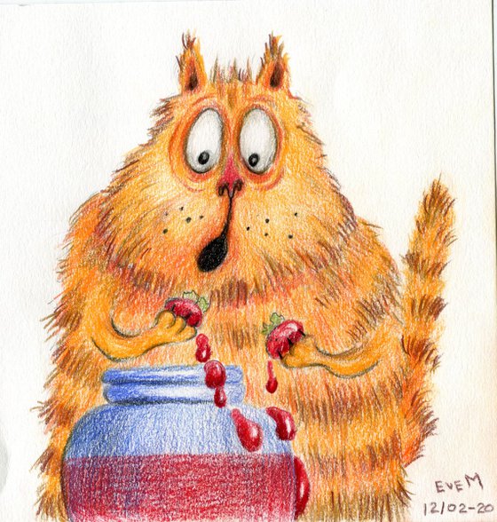 A fat red cat eats strawberry jam. Funny illustration with red cat. Original artwork.