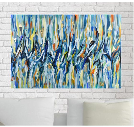A touch of sunshine III - original abstract painting, navy blue, gold leaf, orange contemporary artwork