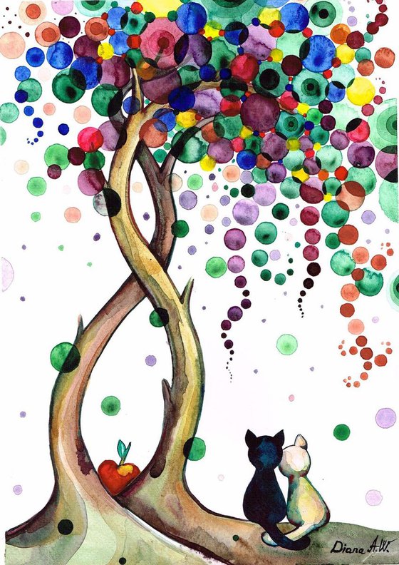 Cats in Love under the Entwined Multi Colour Trees