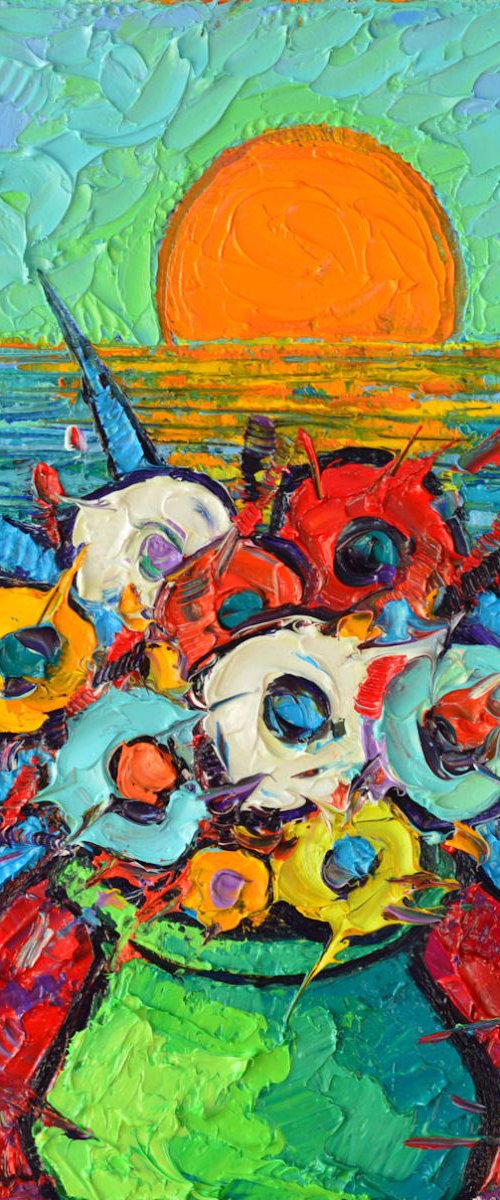 COLOURFUL POPPIES WITH SEA SUNRISE VIEW - abstract modern impressionist floral miniature original palette knife oil painting by ANA MARIA EDULESCU