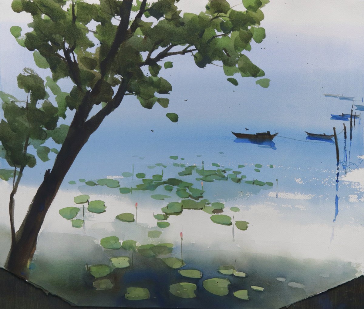 Impressionistic Botanical Watercolour By Prashant Prabhu, 24 X 20", Leafy Patterns Tranquil Waters, Original Artwork