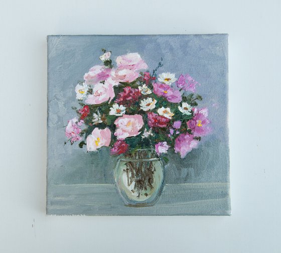 Small Floral painting. Flower still life. Original Art. On canvas 6 x 6in.