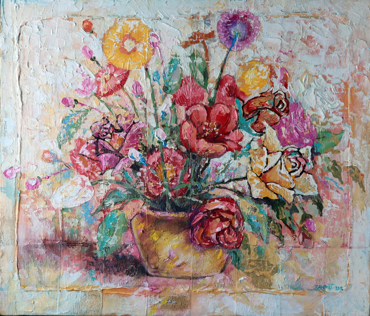 Impressionistic Botanical Acrylic Painting By Rakhmet Redzhepov, 28 X 24", Bouquet Beautiful, Original Artwork