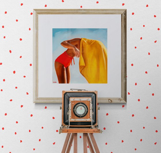 Girl with Yellow Towel - Woman on Beach Painting