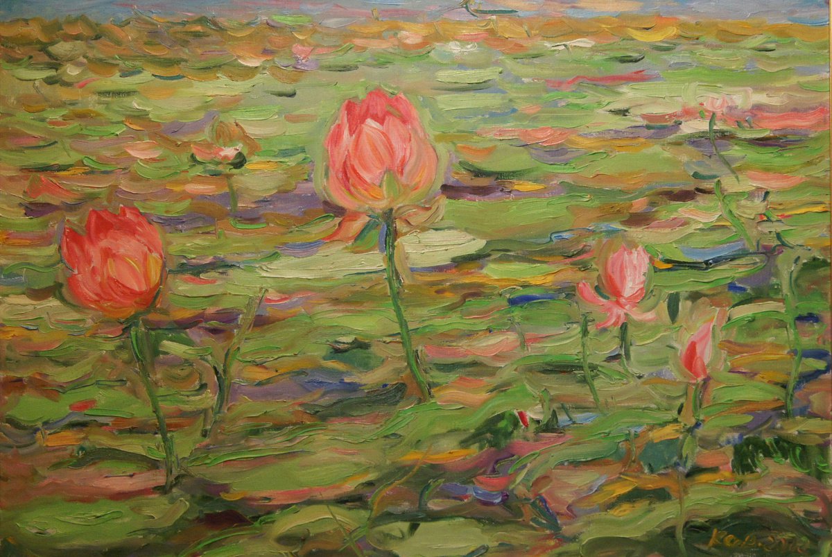 ROSE LOTUS - Landscape water lily pond, lilies, original painting, oil on canvas, interior... by Karakhan