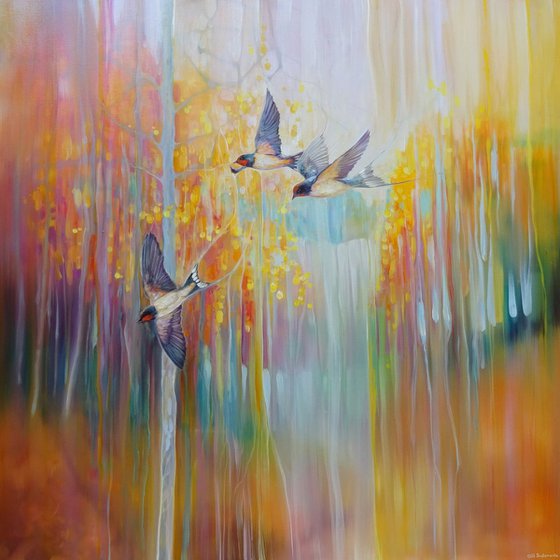 Swallow Song - autumn landscape original oil painting