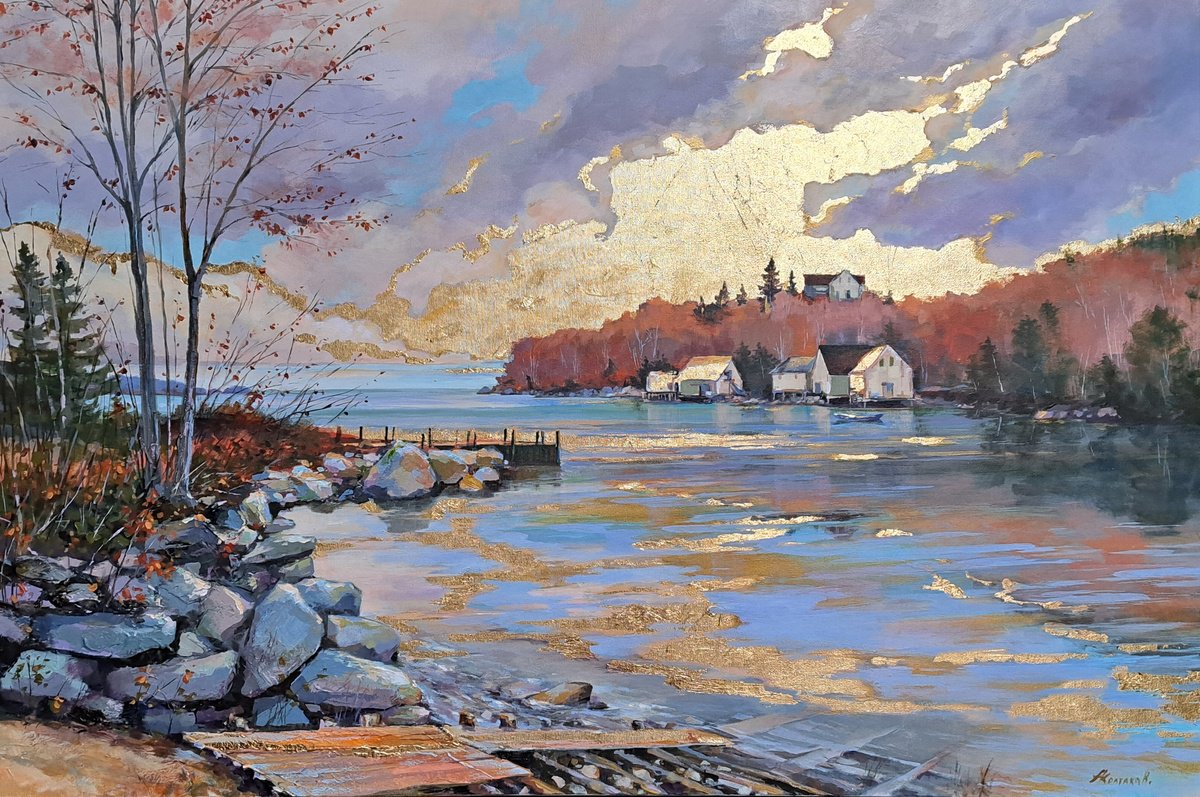 Golden light over the bay (mixed-media, acrylic and gold leaf) (24x36x1.5) by Alexander Koltakov