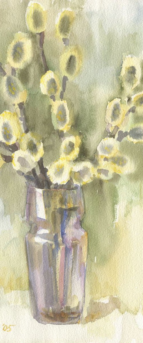 Pussy willow in vase / ORIGINAL watercolor 11x15in (28x38cm) by Olha Malko