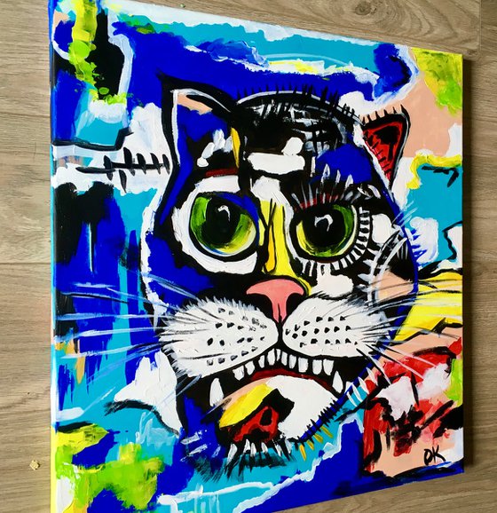 UNTITLED cat   #3 version of famous painting by Jean-Michel Basquiat.