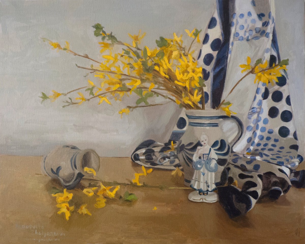 Impressionistic Botanical Oil Painting By Radosveta Zhelyazkova, 20 X 16", Yellow Flowers And A Statuette, Original Artwork