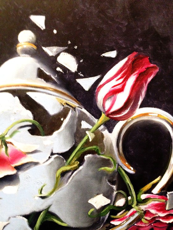 Light rose , red tulip- original oil on canvas