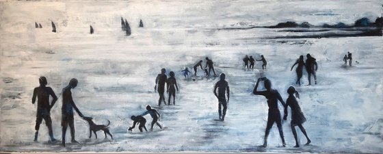 "Human. On the beach",  large oil painting, 100x40x3cm