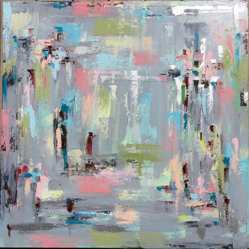 Abstract in gray pastel and metallic 36"x36" by Emma Bell