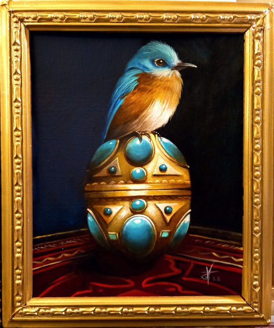 Sweet little blue bird - original acrylic on canvas framed- 26 x 31 cm /10 x 12 inches