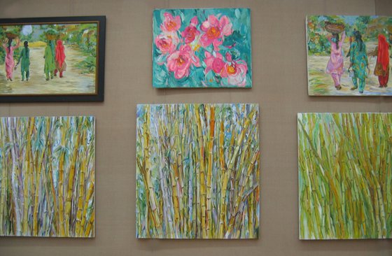 SINGING BAMBOO - Panel, India theme, pants and trees, floral art, large oil original painting, green colours, interior art