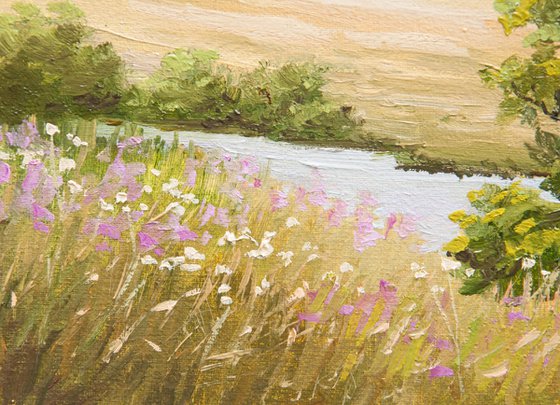 Summer Landscape. Oil Painting. Original Art. On Canvas. Fields. Trees. River. 8 x 10