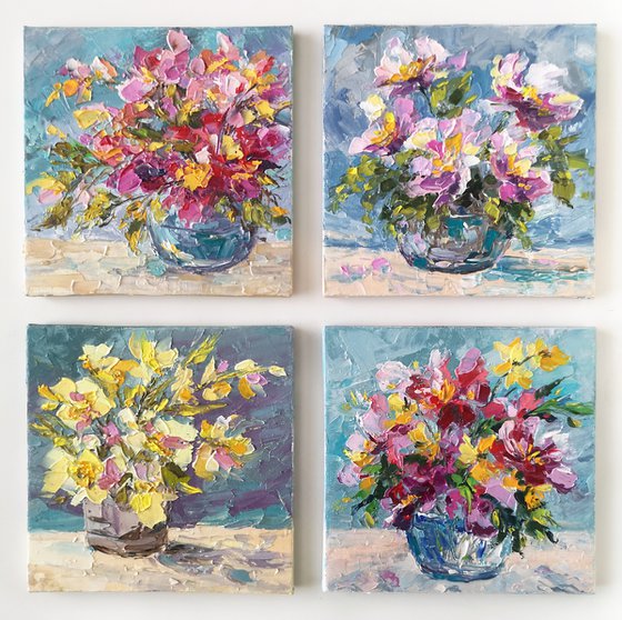 Bright flowers. Floral painting set of 4 small artworks