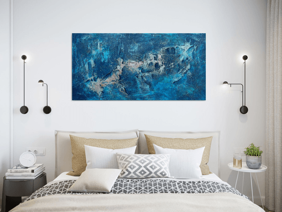 Large Blue Abstract Seascape Textured Painting Blue, Silver, Gold. Modern Art with Heavy Texture. Abstract Landscape Contemporary Artwork for Livingroom or Bedroom