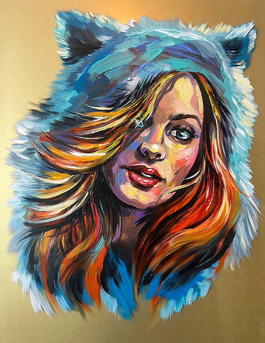 Expressive Portrait Acrylic Painting By Maria Kireev, 14 X 18", Woman In A Blue Hood, Original Artwork