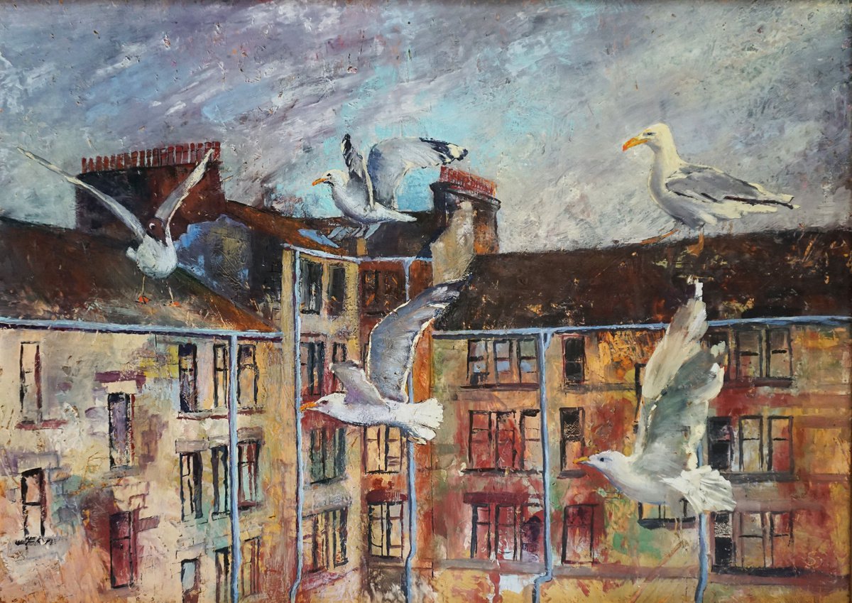 My Glaswegian Birds (hot wax on OSB) by Dora Stork