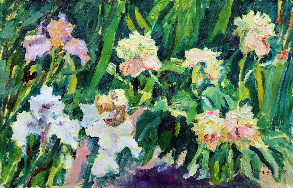 Impressionistic Botanical Oil Painting By Dima Braga, 31 X 20, Peonies And Irises In A Garden, Original Artwork