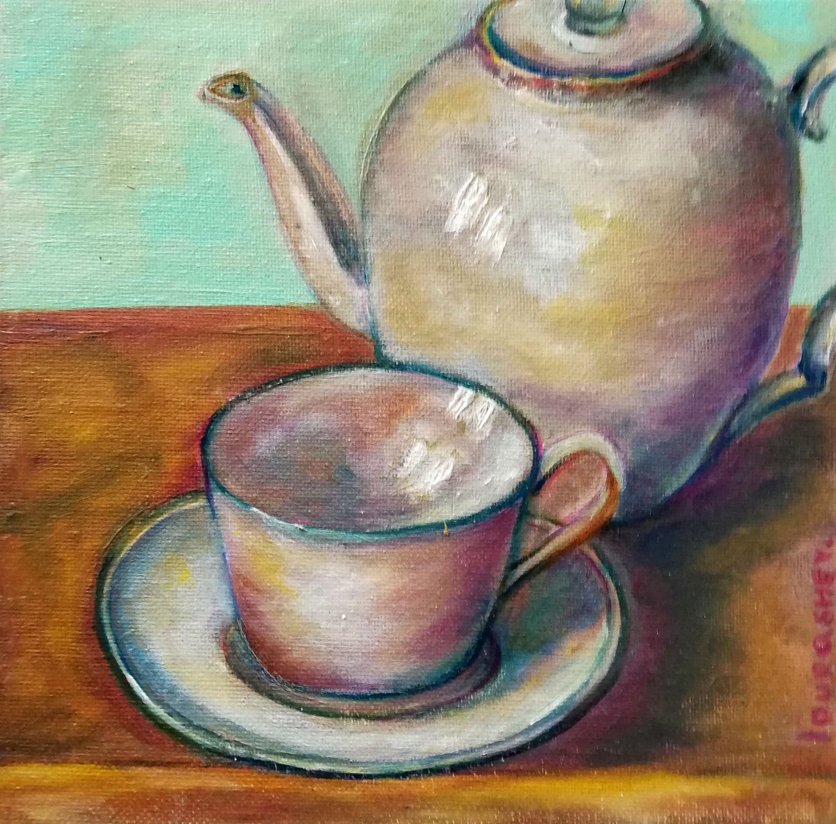 Impressionistic Still Life Oil Painting By Katia Ricci, 8 X 8", Teatime, Original Artwork